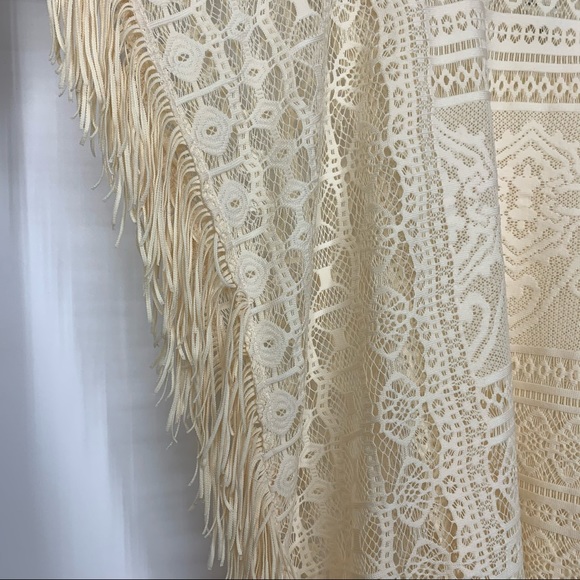 Self Esteem Y2K Crocheted Lace Boho Overlay Blouse With Fringe Warm Ivory Cream - Picture 4 of 15